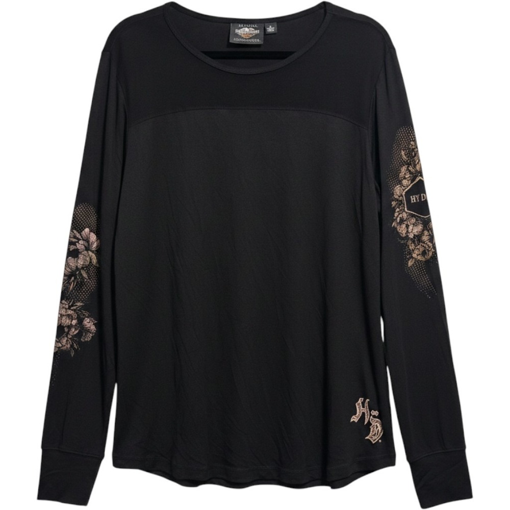 Harley-Davidson Womens XL Black Skull Floral Mesh Long Sleeve Graphic Top Shirt - Picture 2 of 9